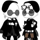 Stylish animated characters in chic black outfits with big eyes