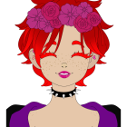 Character illustration with red hair, bow, flowers, glowing blush, choker, purple top, cute