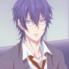 Anime-style male character: Purple hair, red eyes, school uniform.