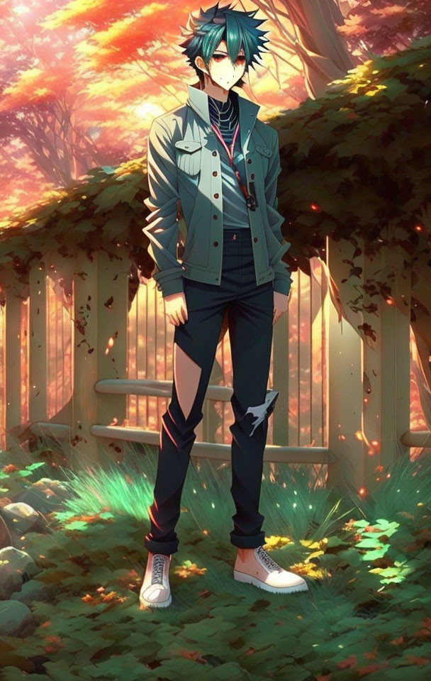 Dark-haired male character in anime style standing in autumn forest with headphones and casual jacket