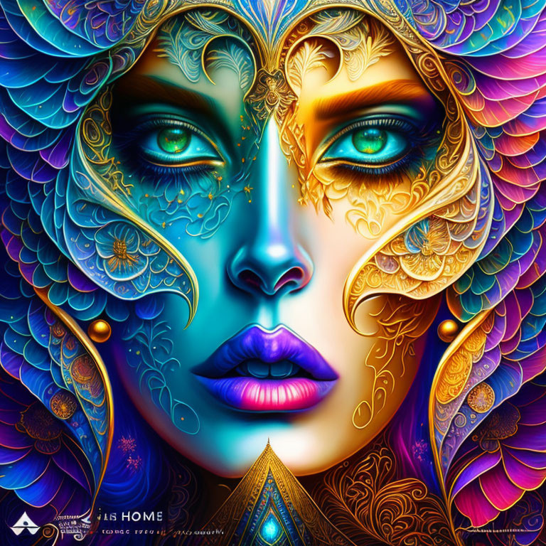 Symmetrical ethereal female face with colorful patterns and ornate features