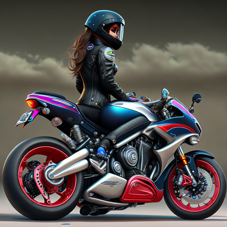 Digital artwork: Woman in helmet and leather jacket on futuristic sport motorcycle