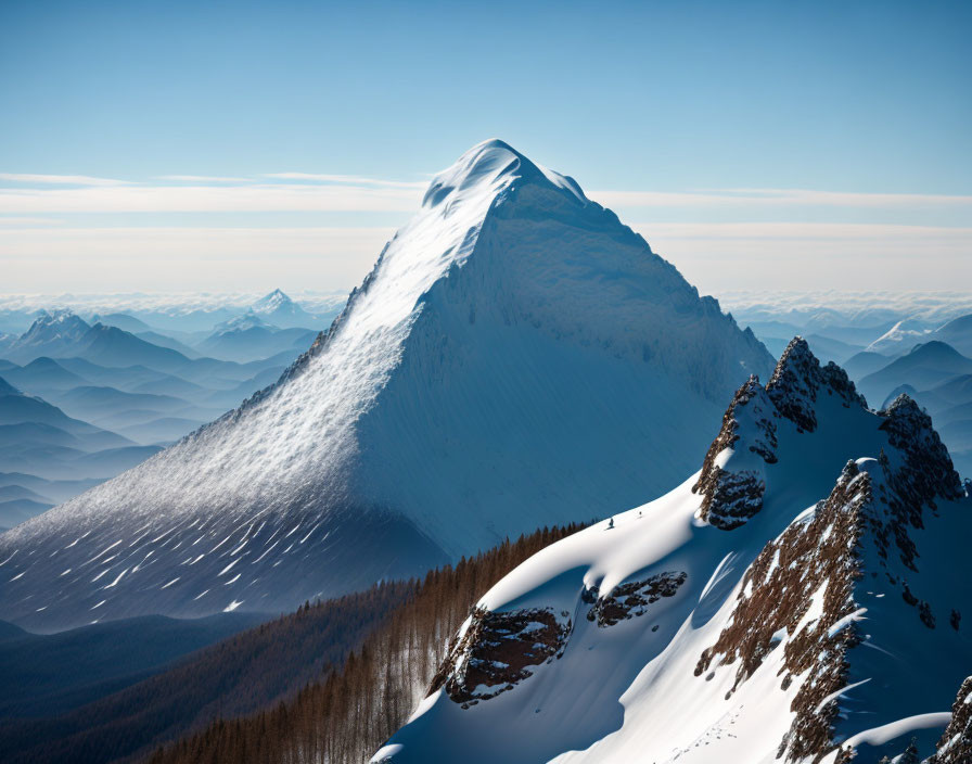 Snow-covered mountain peak against clear blue sky with rugged cliffs and mountain ridges.