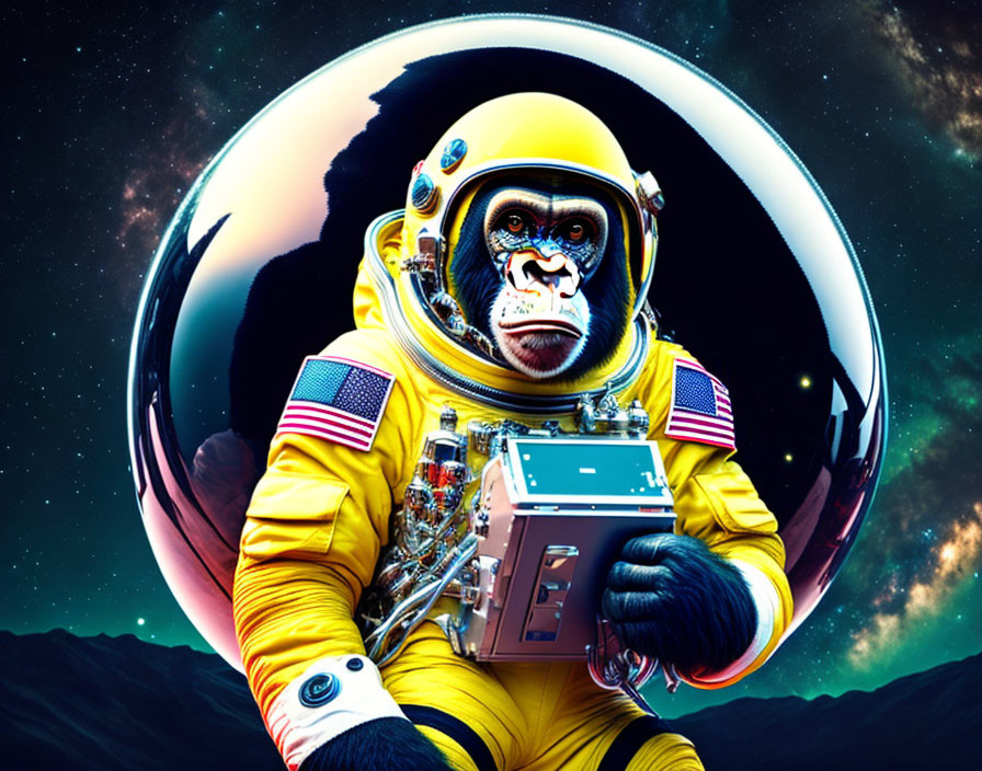 Digital artwork: Chimpanzee in yellow astronaut suit with cosmic backdrop and metallic suitcase