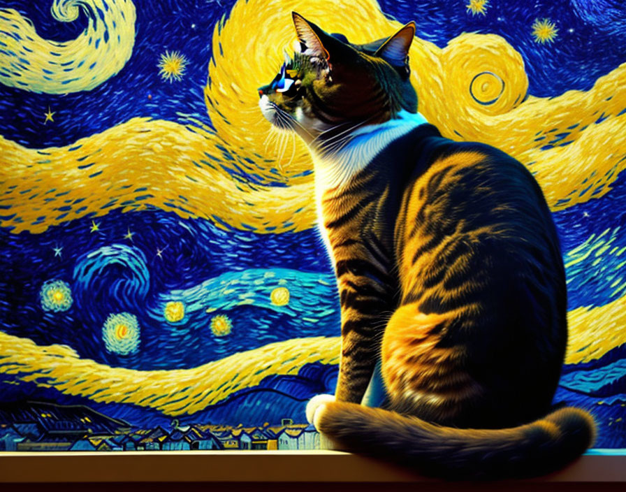 Cat blending into vibrant Starry Night interpretation