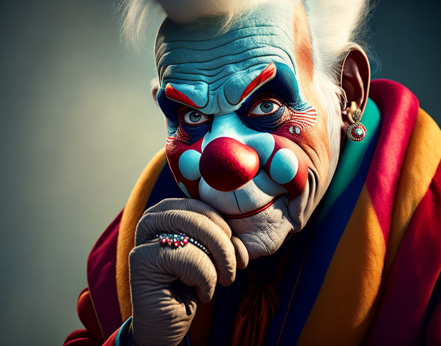 Emotional clown with blue face paint and red nose in colorful attire