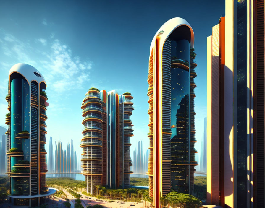 Tall curved skyscrapers and greenery in futuristic cityscape