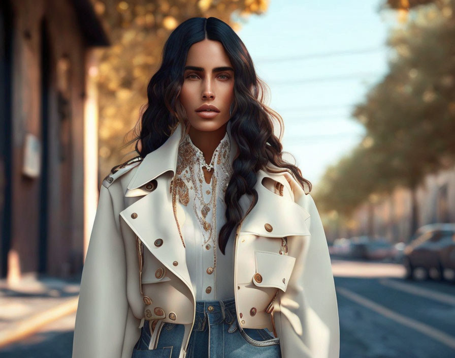 Digital art portrait of woman with long, wavy hair in stylish white jacket against autumn street.