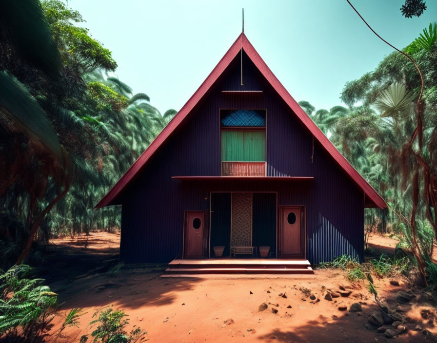 Purple triangular-roofed house with balcony in lush greenery