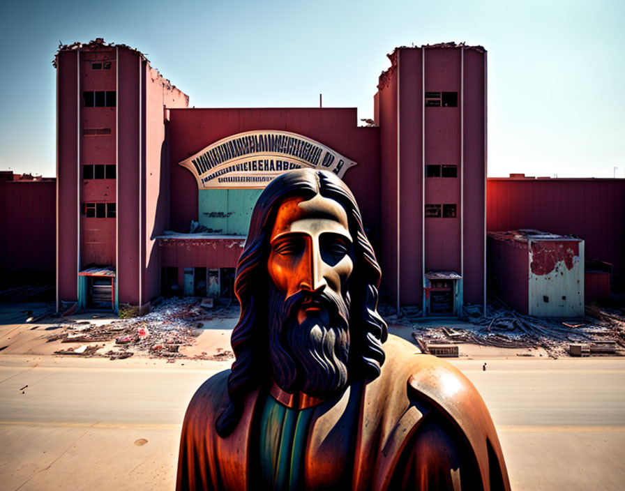 Religious figure in urban setting under blue sky