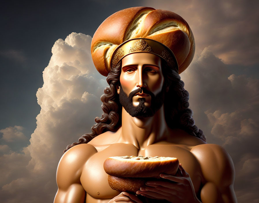 Muscular figure with classic portrait face wearing bread loaf hat holding half-eaten bagel