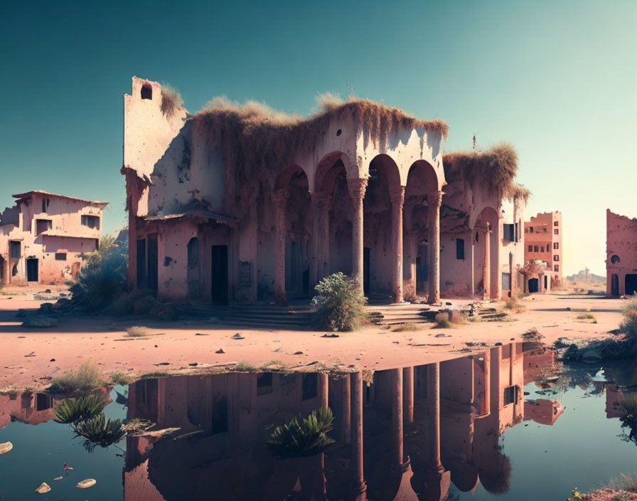 Abandoned building ruins with arched entrances, surrounded by vegetation, reflected in water.