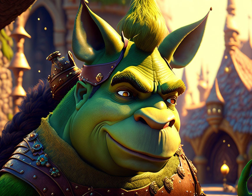 Green-skinned ogre in medieval armor smirks by castle.