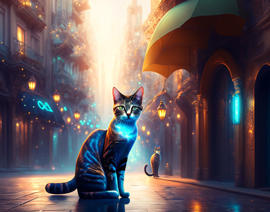 Glowing-eyed cat in surreal urban alley with floating umbrella