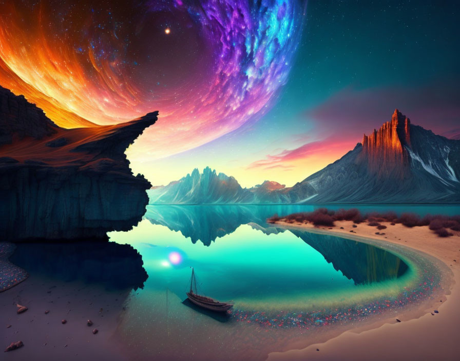 Vibrant celestial landscape with lake, boat, and rocky peaks