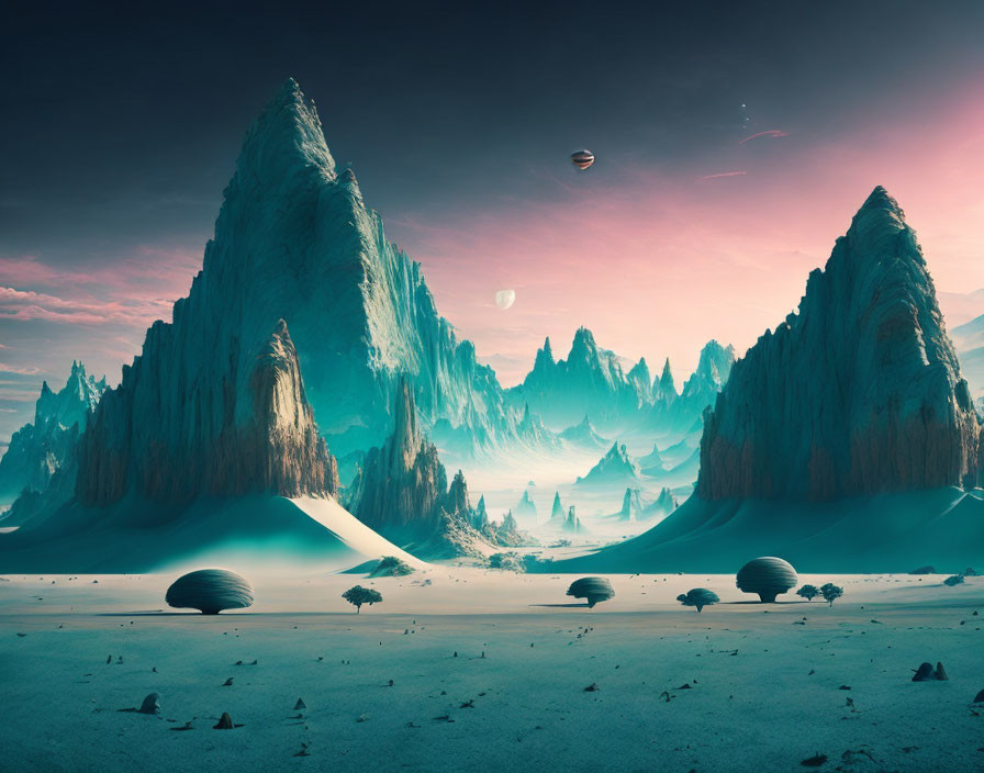 Alien landscape with towering spires and multiple moons.