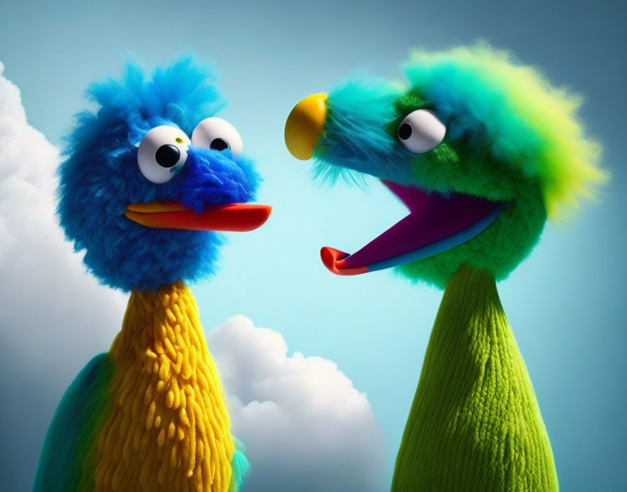 Colorful Puppet Birds in Conversation Against Blue Sky