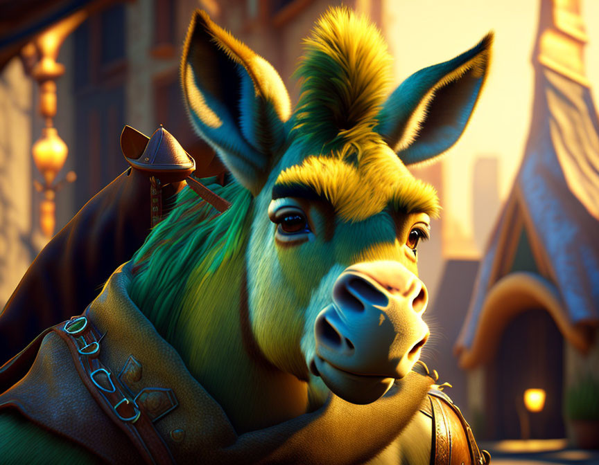 Quizzical animated donkey in medieval attire against fantasy village backdrop