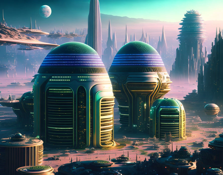 Futuristic cityscape with dome-topped skyscrapers under alien sky