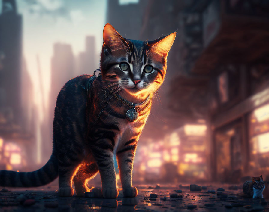 Tabby cat with glowing collar in city street at sunset