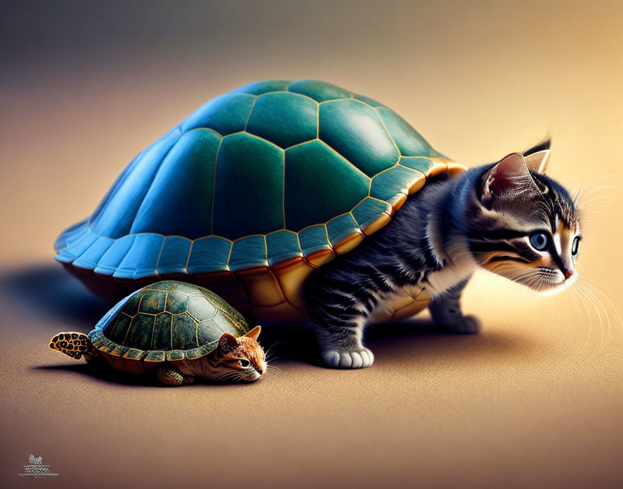 Digital artwork: Kitten with turtle shell mimicking a turtle, next to cat-headed turtle