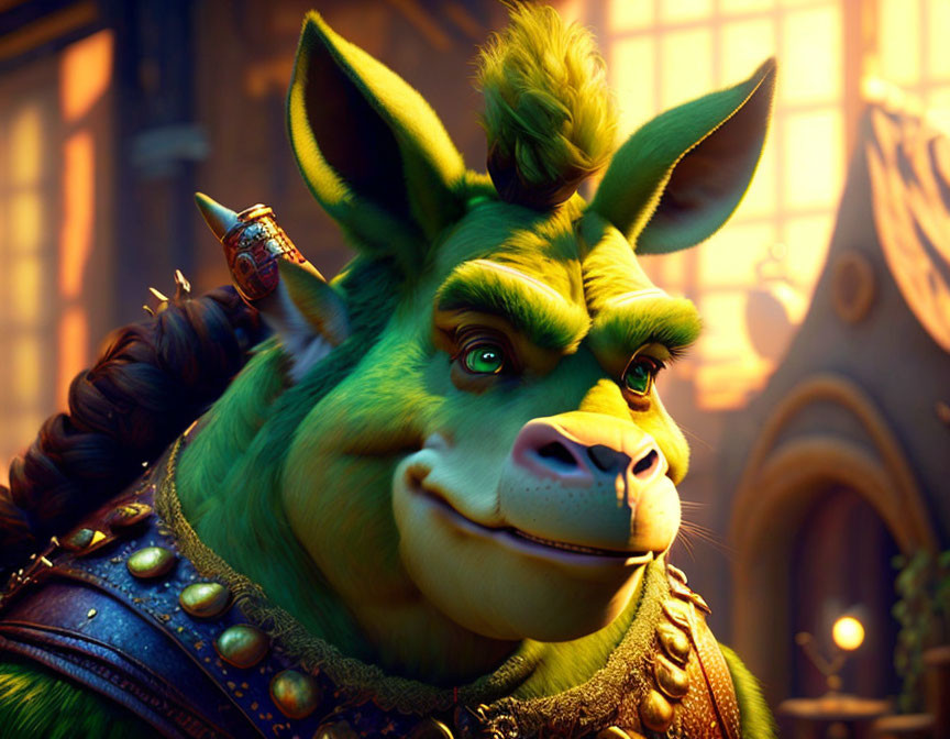 Anthropomorphic bovine character in green fur and ornate armor in fantasy tavern.