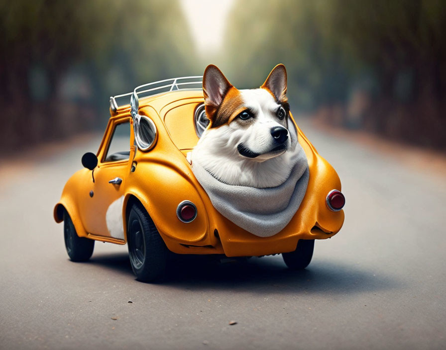 Corgi dog's head on vintage yellow car driving down tree-lined road