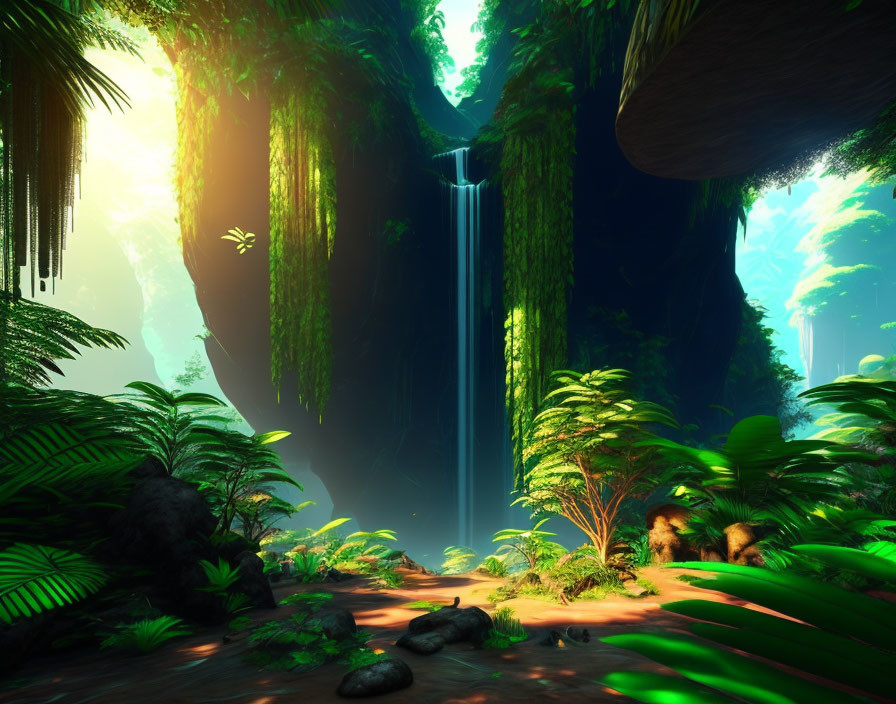 Lush forest with cascading waterfall and sunlight beams