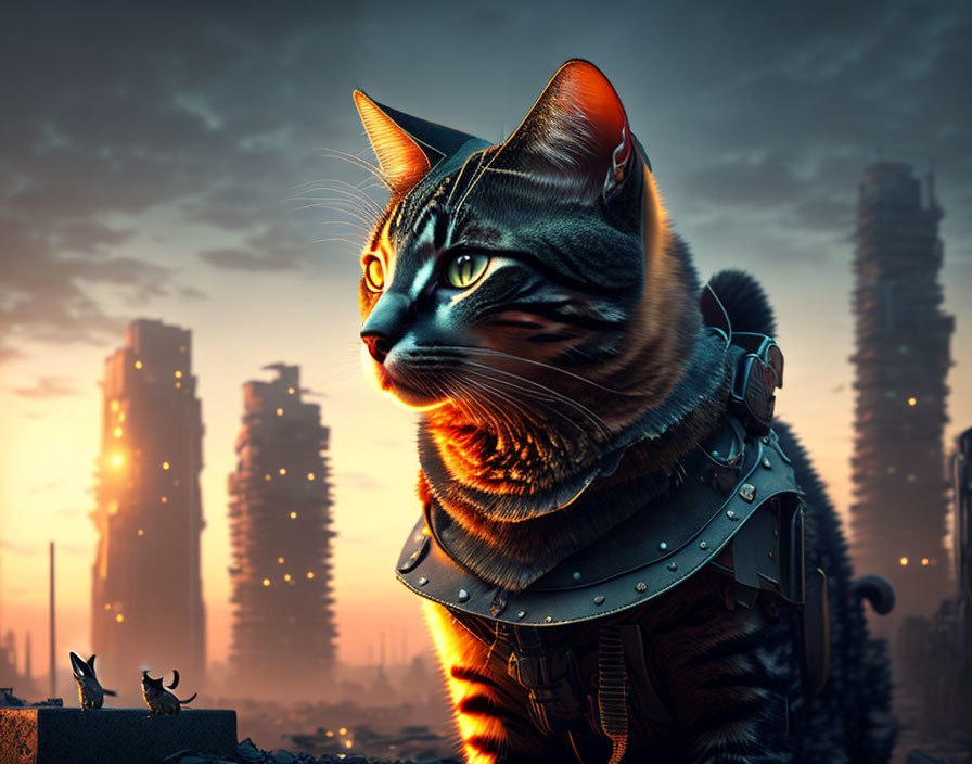 Futuristic armored cat in post-apocalyptic cityscape at sunset