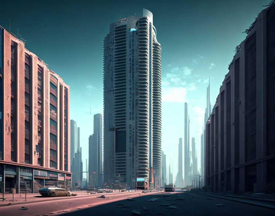 Futuristic cityscape with sleek skyscrapers and lone bus in deserted streets