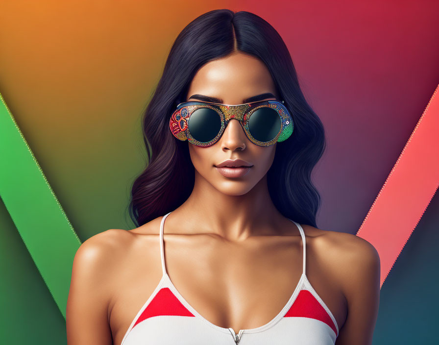 Woman in ornate sunglasses with long hair against colorful geometric backdrop