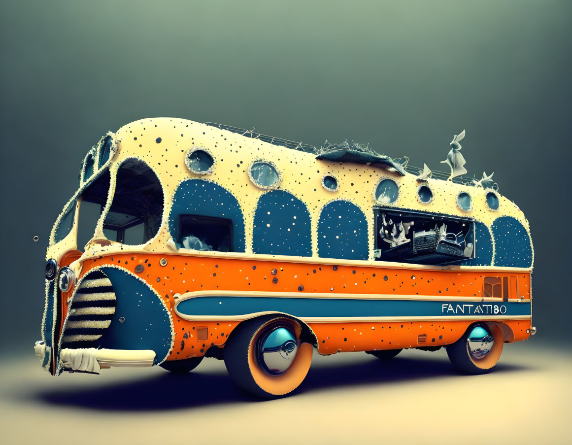 Whimsical digital art: Yellow & blue retro bus with cheese-like holes & vintage elements