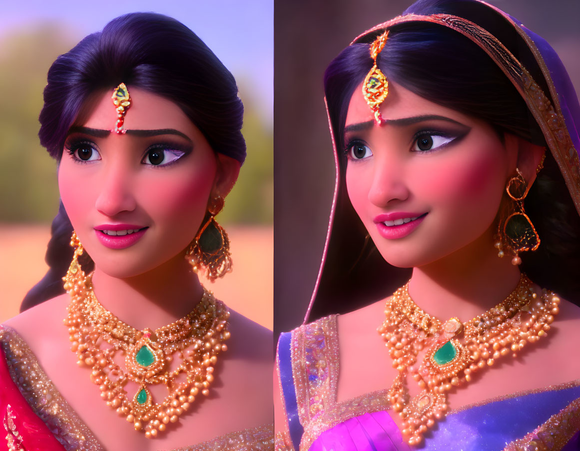 Animated character with dark hair and Indian jewelry in two poses