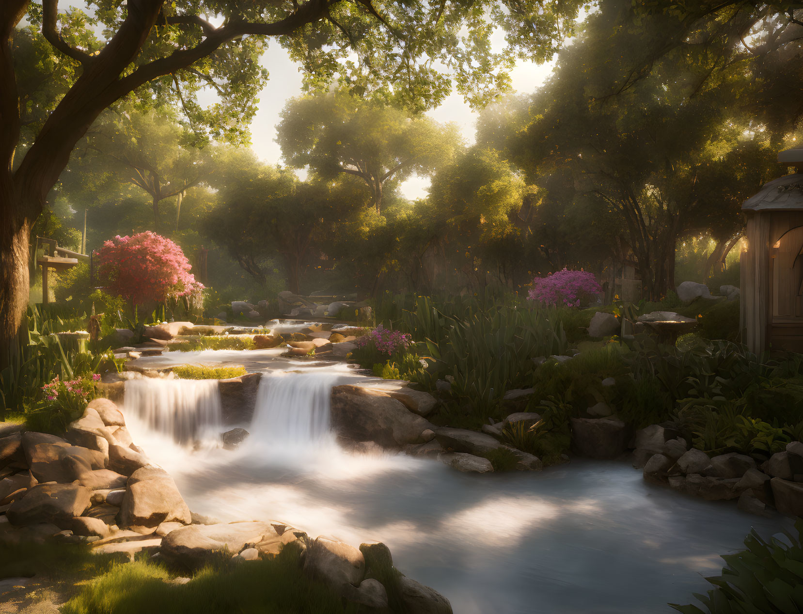 Tranquil landscape with waterfall, lush greenery, blooming flowers