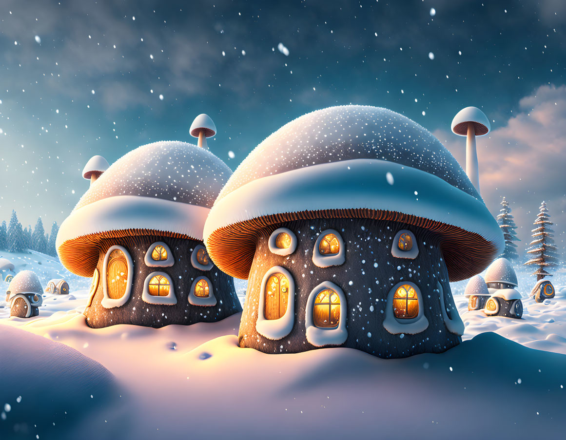 Fantasy Mushroom Houses in Snowy Dusk Landscape