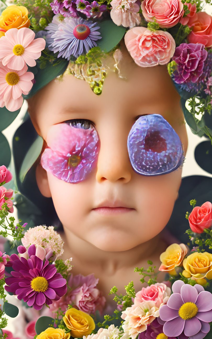 Child with floral crown and cosmic eyes in vibrant flower setting.