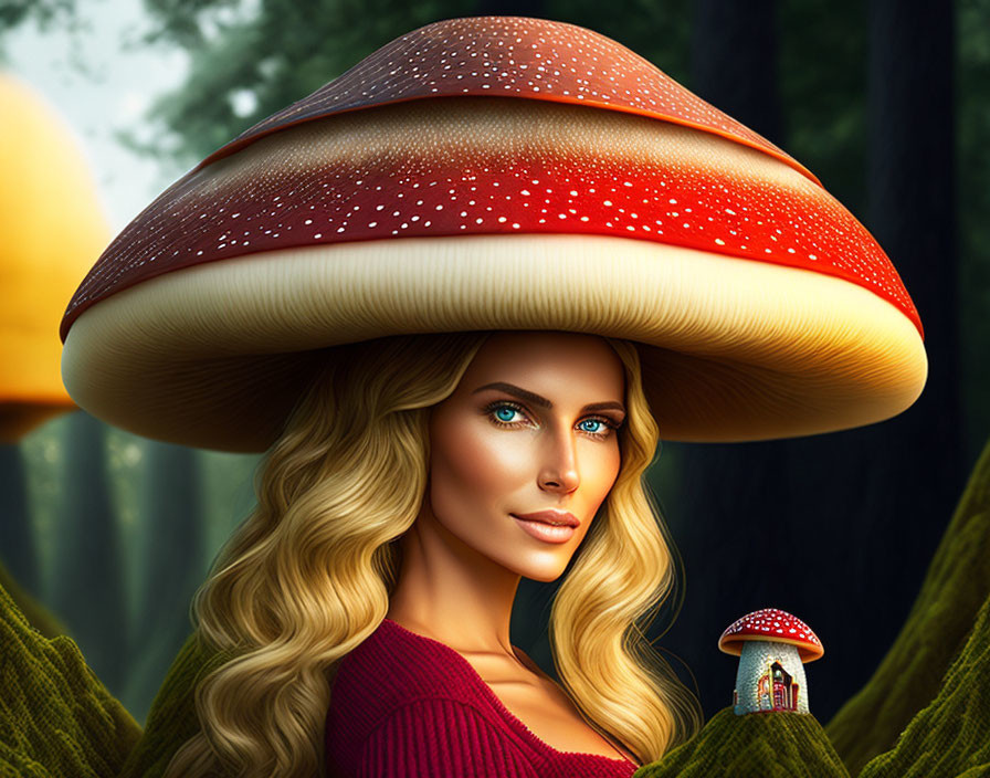 Digital art: Woman with mushroom hat in forest with mushroom house.