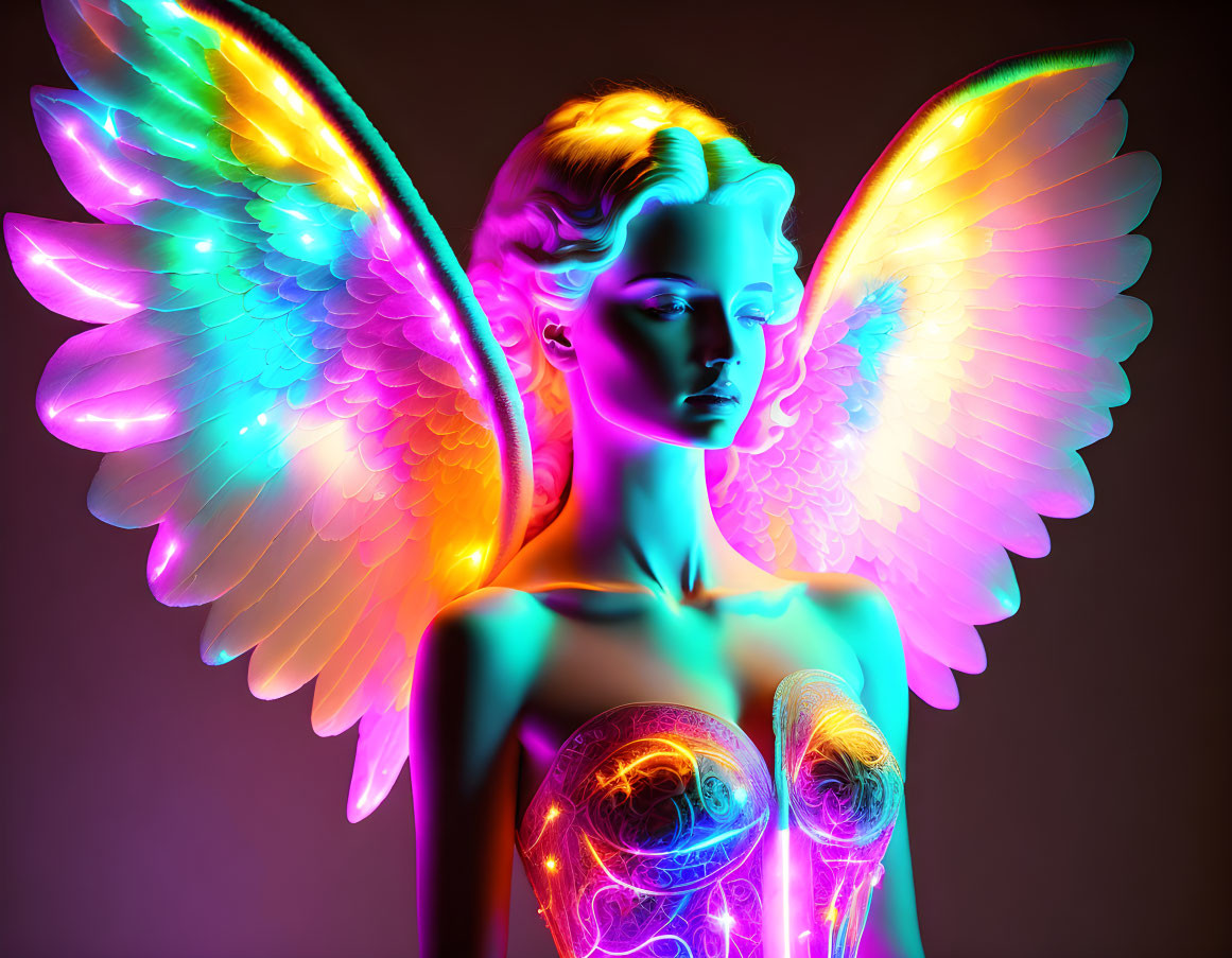 Digital artwork: Woman with neon wings & illuminated body on purple backdrop