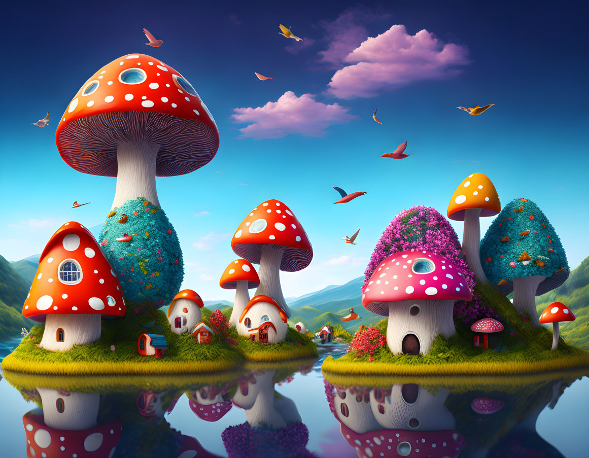 Whimsical mushroom houses in colorful landscape