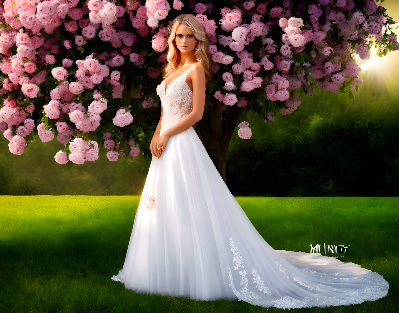 Bridal woman under pink blossom tree in white gown