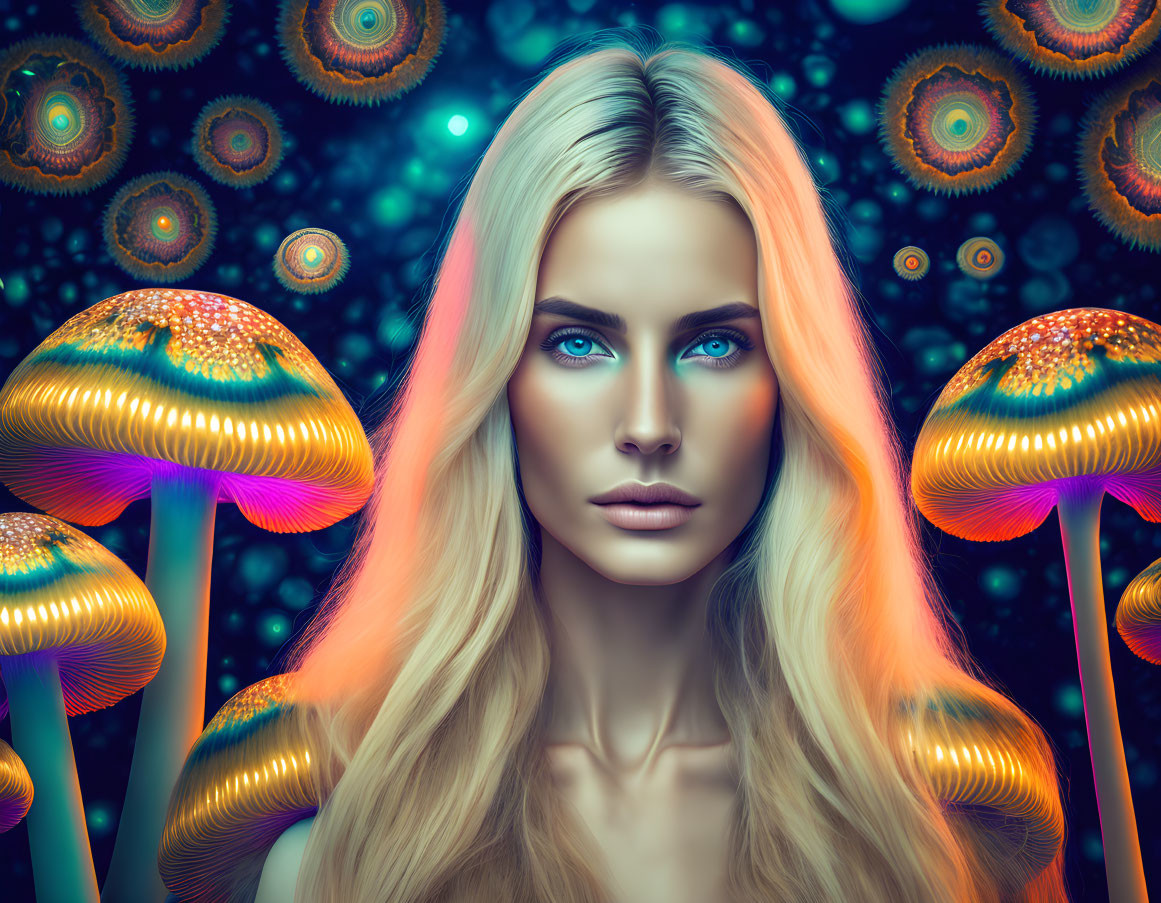 Blonde woman with blue eyes in front of neon mushrooms