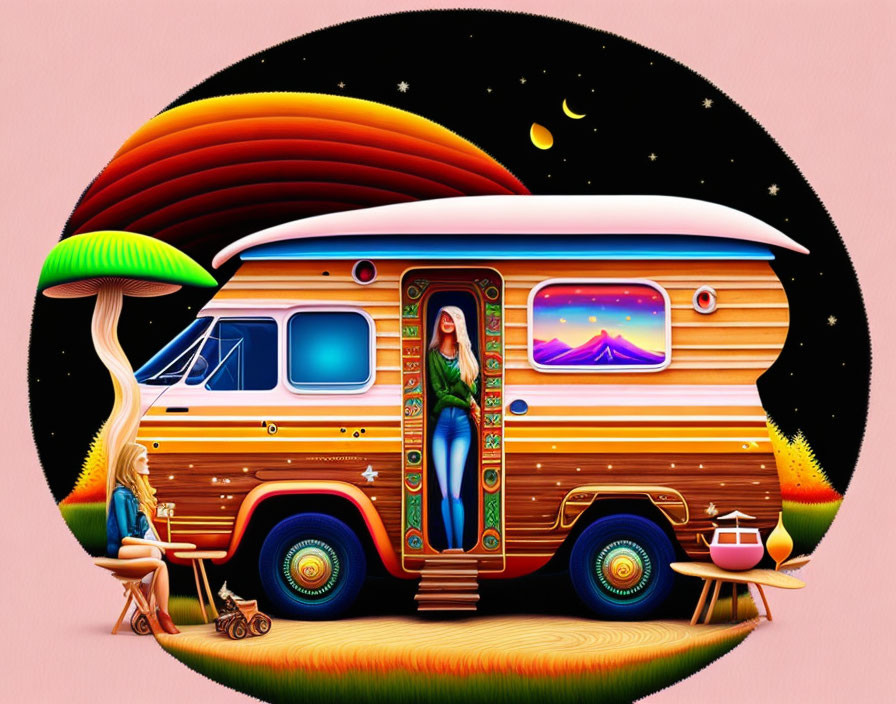 Vibrant illustration of whimsical van with woman inside and another outside in psychedelic setting with mushrooms and