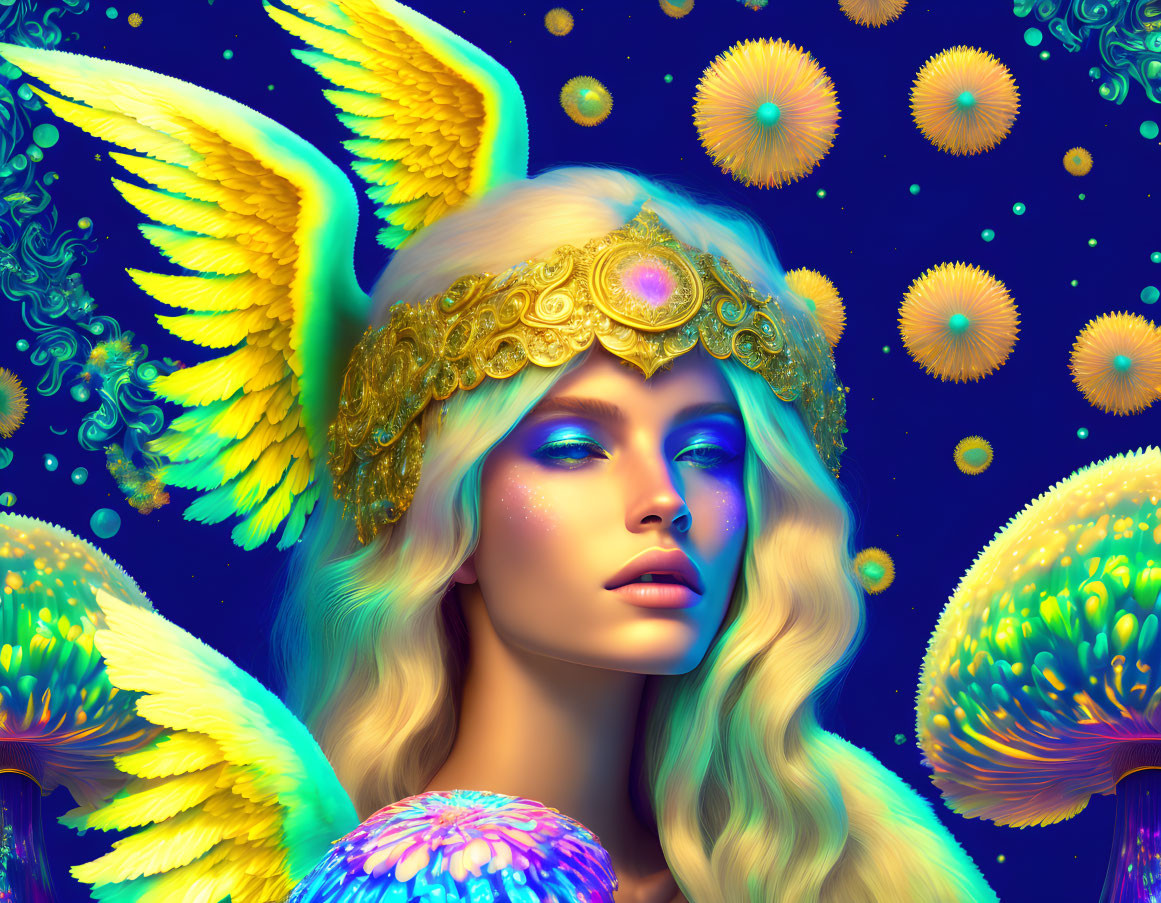 Fantasy digital art: Female figure with yellow bird wings and golden headdress on blue background