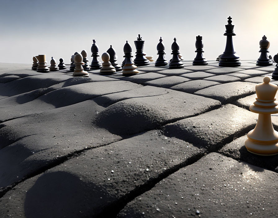 Outdoor Chessboard with Stone-like Squares and Chess Pieces