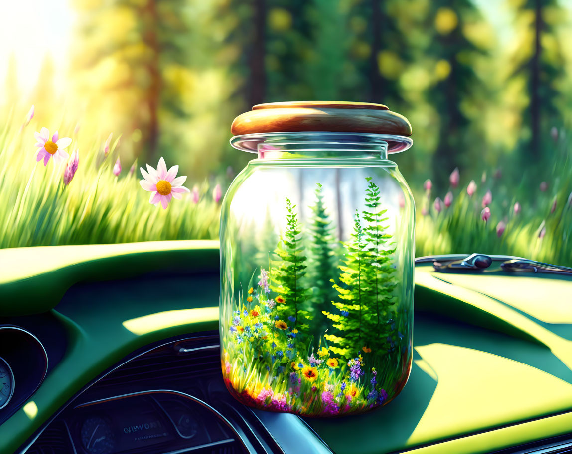 Miniature plants in glass jar on car dashboard with sunlit forest backdrop