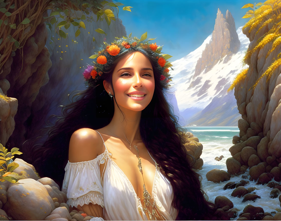 Woman with floral wreath in serene nature with mountain and ocean backdrop