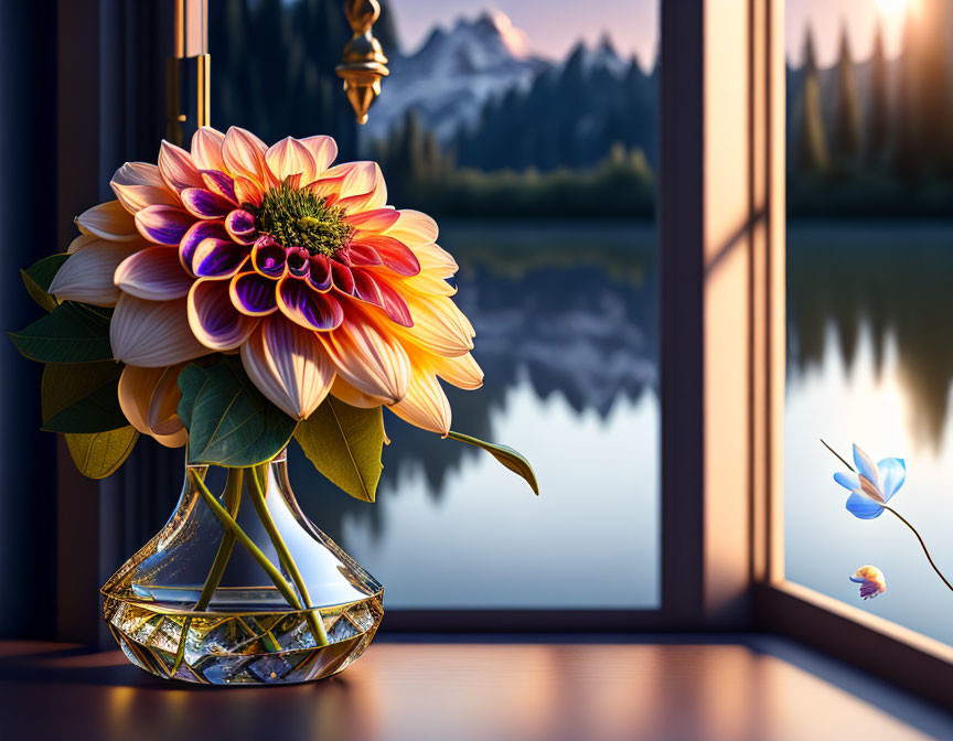 Colorful bouquet in glass vase by serene lake and mountains at dusk