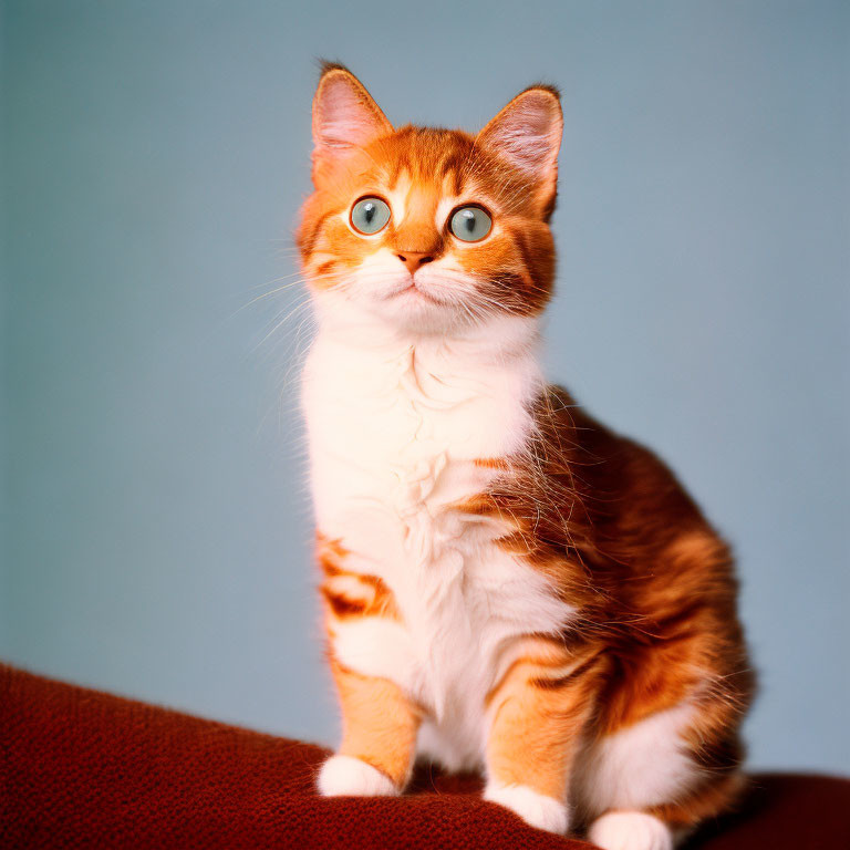 Orange and White Cat with Blue Eyes on Blue Background