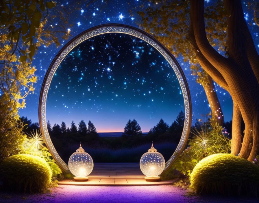 Circular Illuminated Portal with Starry Night Sky and Greenery