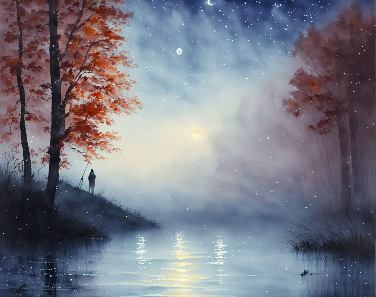 Autumn scene: Solitary figure by lake under twilight sky with stars